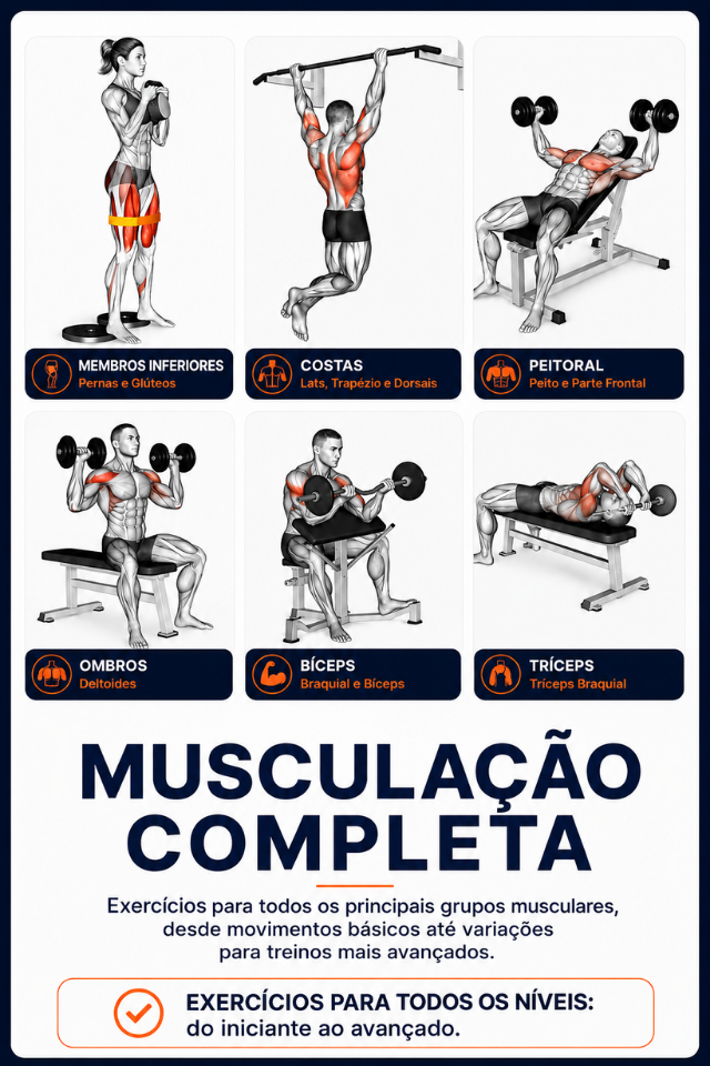 Exercícios de musculação para diferentes grupos musculares