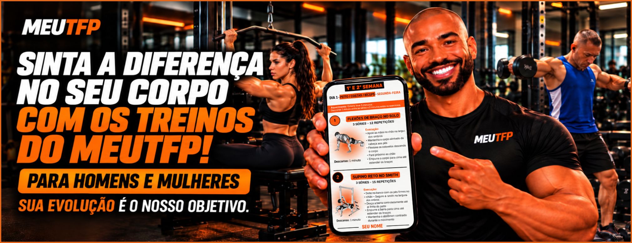 Banner MeuTFP com exemplo da ficha de treino no celular